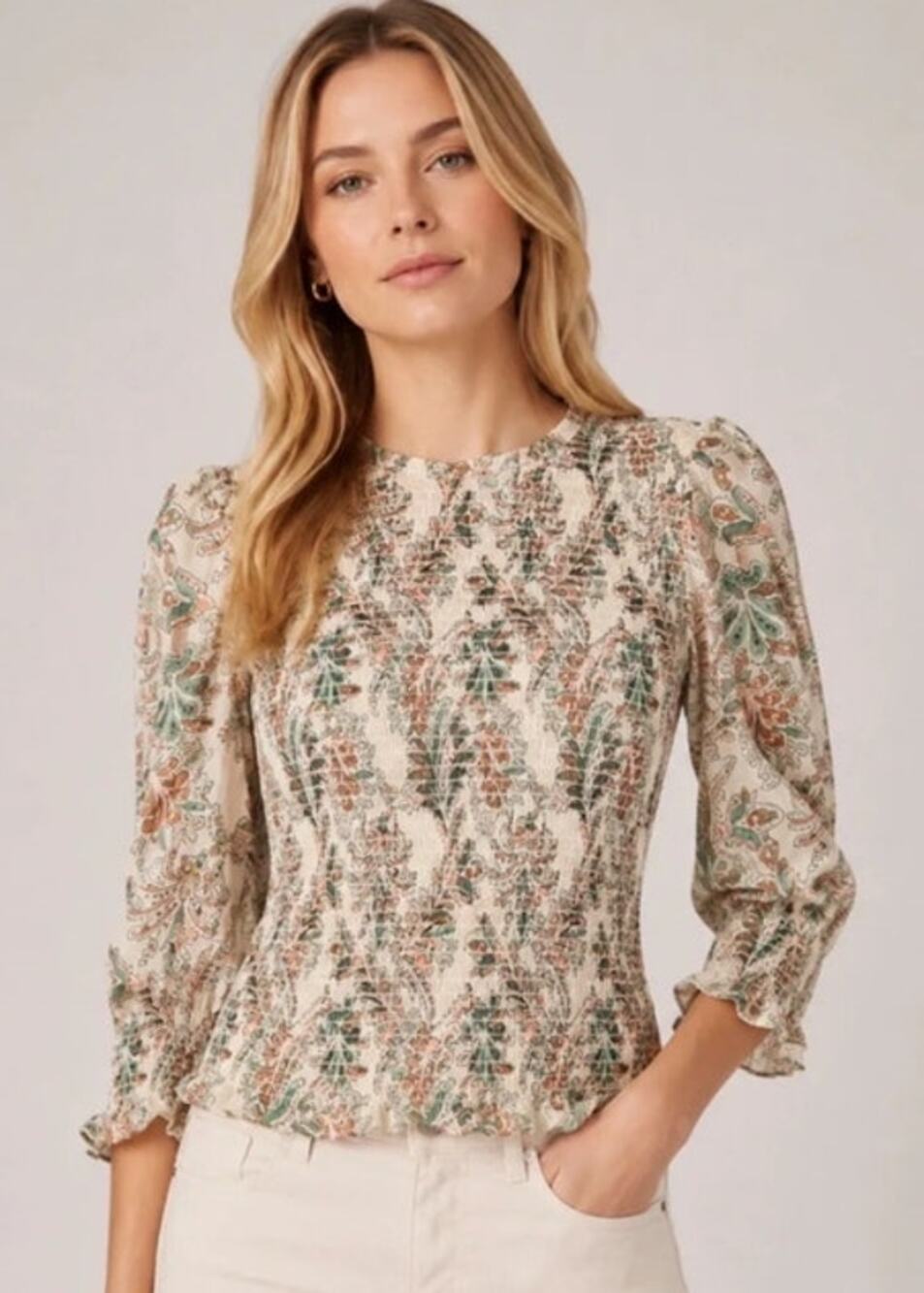 Veronica Beard Kali Top Smocked Paisley 3/4 Sleeve 10